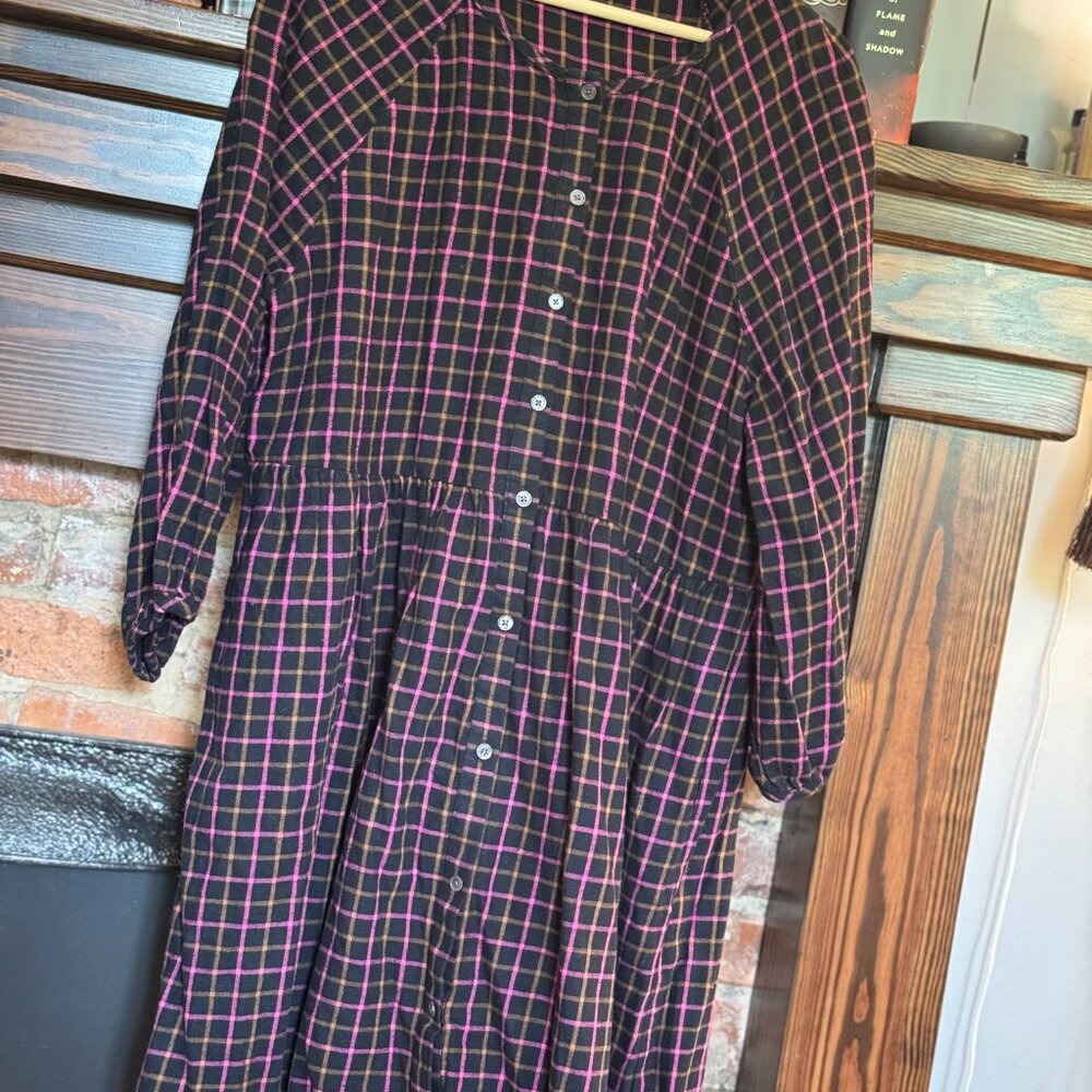 Madewell black button up dress with pink & brown plaid - Size 12